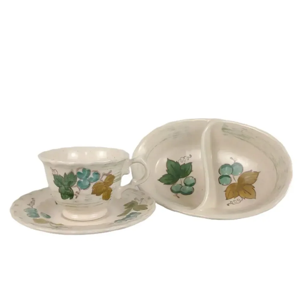 Vtg Metlox Vernonware VINEYARD Divided Jelly Dish Cup & Saucer Set Grapes Leaves